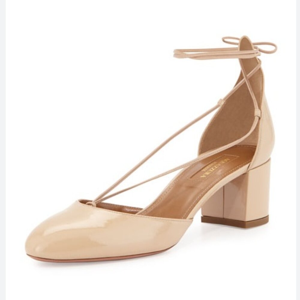 Aquazzura Alexa Nude Patent Leather Block Mid Heel Pumps Size 37.5 US 7.5